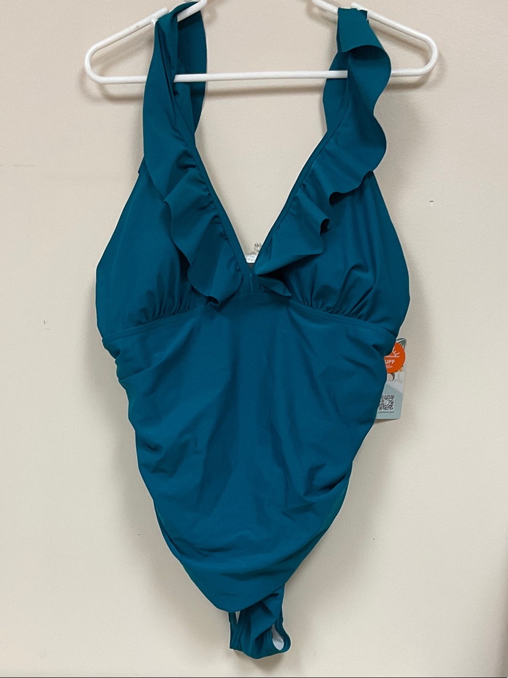 Ruffled V-Neck One-Piece Swimsuit in Teal. NWT 3XL
